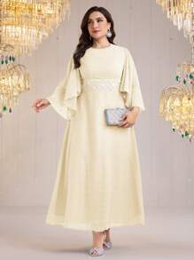 Modelyn Women Plus Size Pearl Decor Ruffle Sleeve Elegant Dress