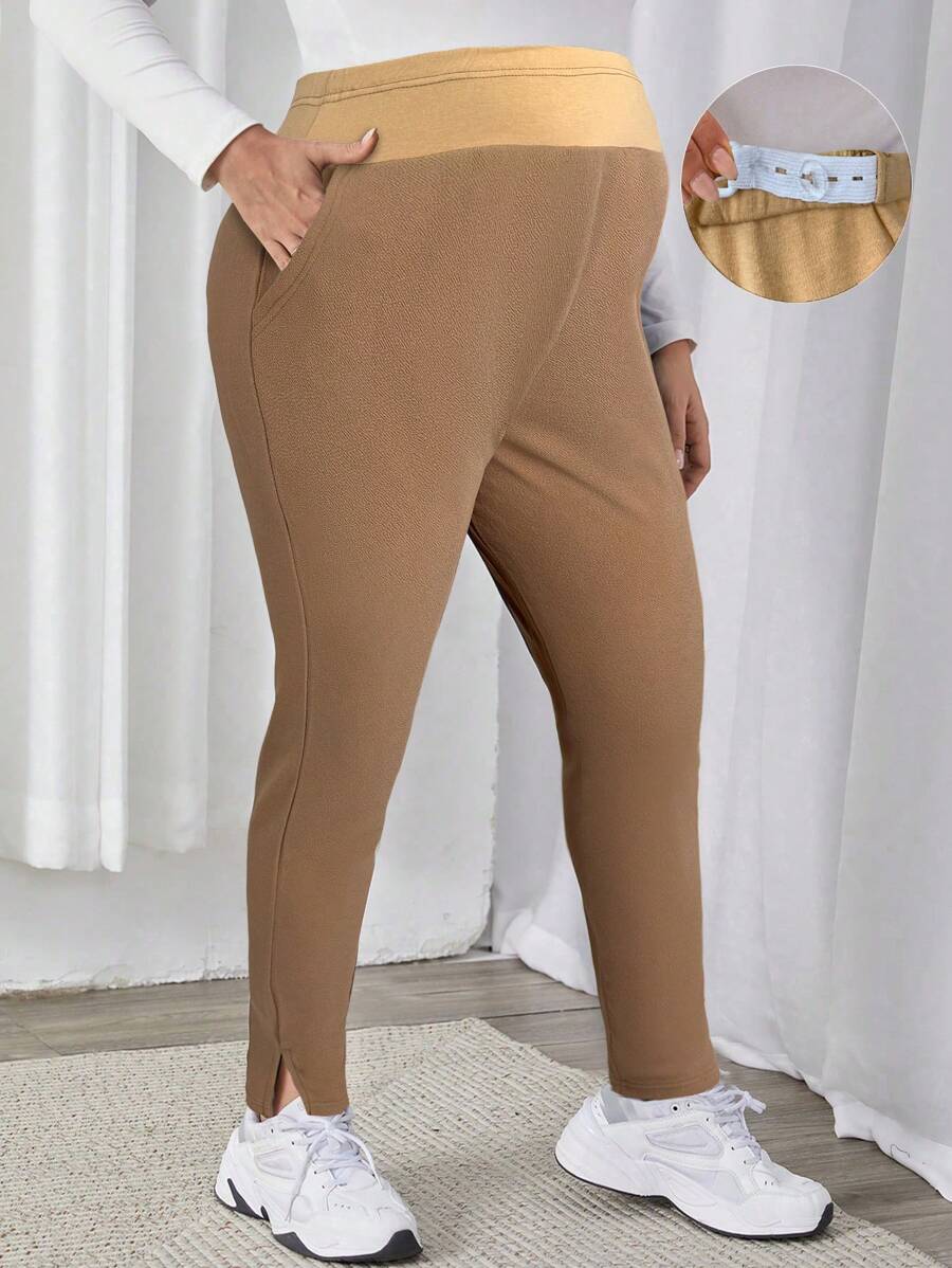 Plussiva 孕妇大码撞色拼布高腰紧身裤 - 駝色 - 查看 1