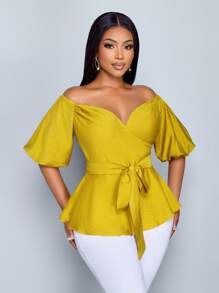 SOLERSUN Plus Size Women Off-Shoulder Puff Sleeve Knotted Waist Blouse