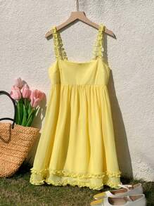 Comfortcana Women's Summer Vacation Casual Solid Color Spaghetti Strap Ruffle Mini Dress Sundress - Yellow - View 3
