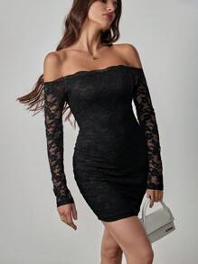 SHEIN Tall Women's Off-Shoulder Long Sleeve Lace Patchwork Mini Dress,Summer Dresses Spring Clothes - Black - View 4