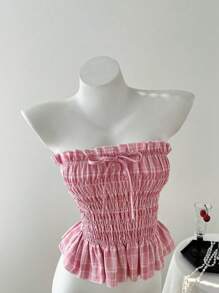 Elamini Women Summer Strapless Frill Trim Bowknot Form-Fitting Crop Top - Pink - View 4