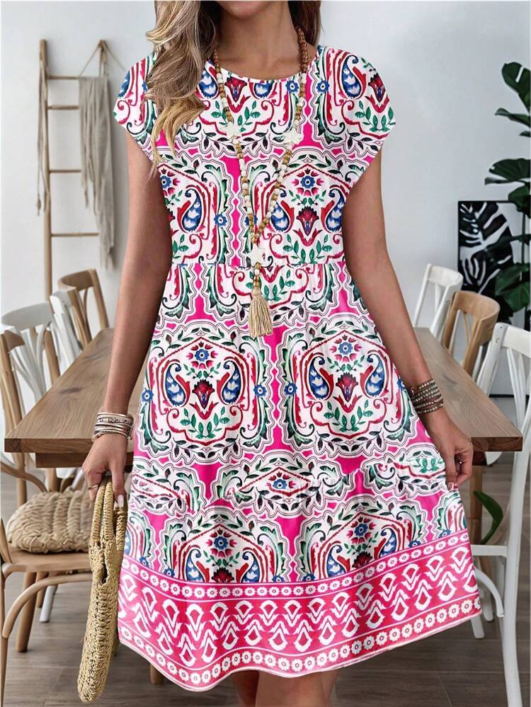 Casual Loose Crew Neck Short Sleeve Midi Dress For Women, Suitable For Summer