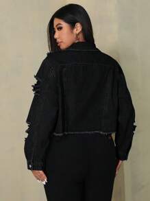 SHEIN ICON Plus Size Casual Everyday Distressed Fringe Front Button Denim Jacket - Black - View 2