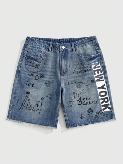 Street Life Men's Casual Letter Print Distressed Denim Shorts, Summer