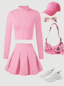 Girls & Teens Sports Wear Set, Zipper Sweater And Pleated Mini Skirt, Stretchy Fabric, Suitable For Sports & Casual, Spring & Autumn