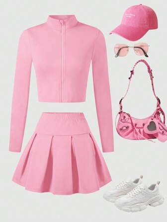 Set abbigliamento sportivo per ragazze e adolescenti, composto da felpa con zip e gonna plissettata mini, in tessuto elastico, adatto per sport e casual, per primavera e autunno