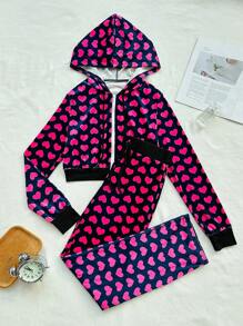 SweetSlumber Women's Autumn Heart Print Zipper Front Drawstring Hoodie And Pants Velvet Pajama Set - Multicolor - View 5