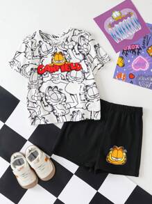 GARFIELD | SHEIN 2pcs Baby Boy Knitted Cartoon Cat Print Round Neck T-Shirt And Shorts Set - Black and White - View 1