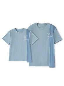 Father & Son Set Dusty Blue Summer Casual City Break Family Matching Crew Neck Short Sleeve T-Shirt,Embroidered Letter Splice Asymmetrical Chic Tee - Multicolor - View 3