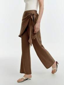 SHEIN Clasi Pantalones casuales con textura y lazo lateral para mujer - Marrón - Ver 4