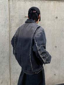 Manfinity EMRG 男士休闲水洗渐变磨边牛仔夹克 - 深色水洗藍 - 查看 5