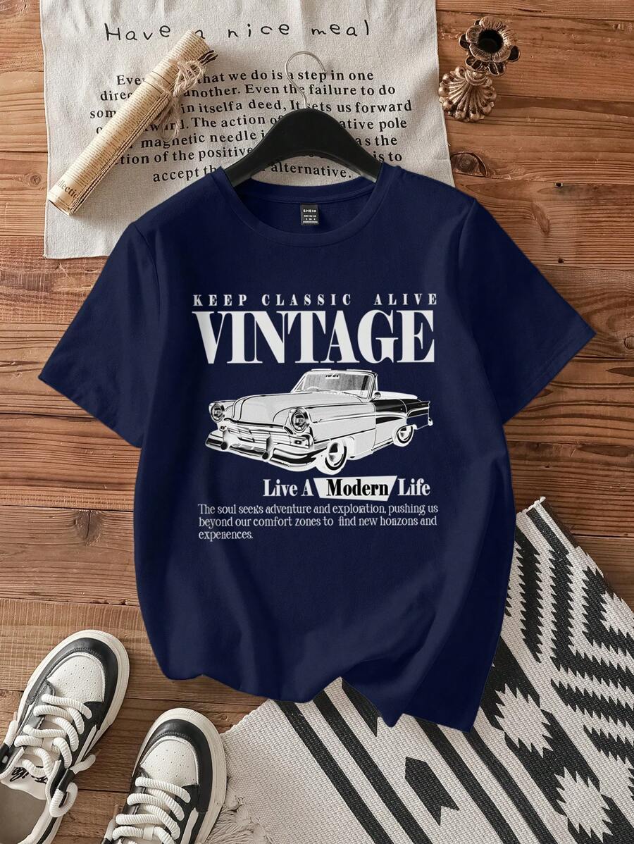 SHEIN EZwear 休闲复古汽车图案圆领短袖女式 T 恤，适合夏季 - 藏蓝色 - 查看 1