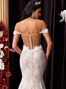 Glamrae White Spring Elegant Formal Wedding Mermaid Maxi Dress,Luxurious Embroidered Lace Applique Off-Shoulder Stretchy Backless Long Tail Bridal Bride Gala - Beige - View 4