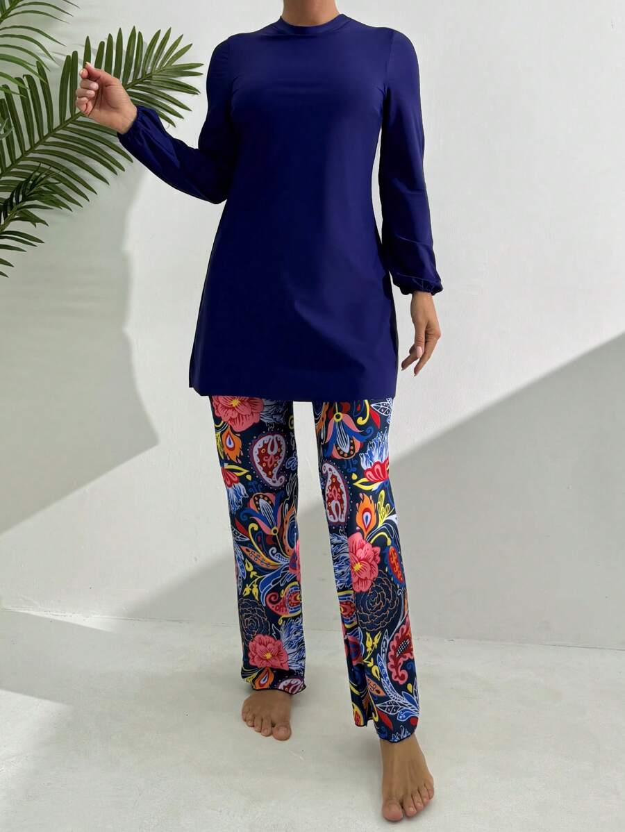 Swim Mulvari 女士海滩夏季服装：1 套纯色长袖圆领连衣裙 + 彩色印花长裤休闲假日布基尼套装