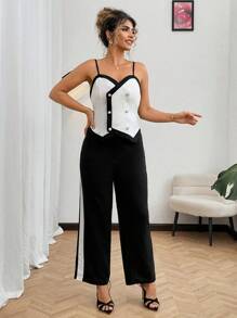 Franclia Plus Size Women Black & White Contrast Color Splice Sleeveless Jumpsuit, Elegant Office & Casual Outfit, Summer
