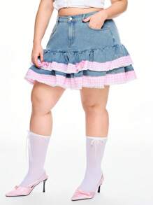 ROMWE Kawaii Plus Size Women Retro Floral & Gingham Print Lace Trim Cut-Off Denim Skirt, Vintage Aesthetic - Blue - View 4