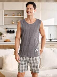 FamilyFrolics Men's Summer Minimalistic Letter Applique Textured Tank Top And Plaid Shorts Pajama Set - Dark Grey - View 6