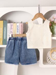 Set de 2 piezas para niña joven que incluye top sin mangas beige cómodo y shorts de mezclilla azules con bordado rosa y flecos, conjunto de verano lindo - Albaricoque - Ver 2