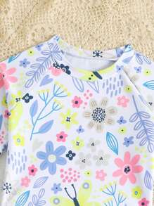 SHEIN Spring/Summer Girls/Toddler Swimsuit New Arrival Strap Tankini Set, Round Neck Long Sleeve Swimsuit With Solid Light Purple Swim Trunks, Sweet Floral Pattern, Rococo Style, Macaron Colors, Ruffle Trim Toddler Girl Bathing Suits Toddler Clothes 4t Toddler Girls Outfit Sets Toddler Girl Tops Toddler Girl 5t Summer Holiday