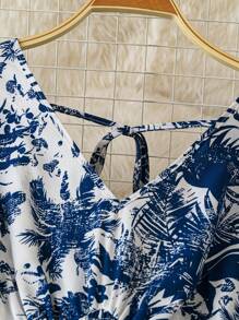 SHEIN LUNE Women's Loose Bubble Sleeve V-Neck Jumpsuit, High Waist Slimming Celadon Print Straight Leg Wide Leg Overall - Blue and White - View 4