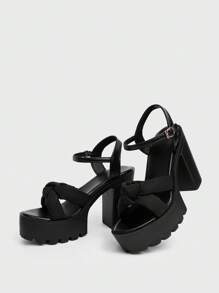 Sugerpunk Women's Black High Heel Sandals, Summer Open Toe Chunky Heel Floral Party Dress Shoes, Strap Work Formal Heels - Black - View 5