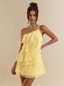 SHEIN BAE Abito corto color albicocca con strati e foglia di loto, adatto per uscite giornaliere, serate, discoteche, feste, ritrovi, cocktail party, feste in piscina, vestiti per il ritorno a scuola, abiti per la stagione scolastica, abiti da vacanza, vestiti per festival musicali, festival di musica country, abbigliamento da concerto