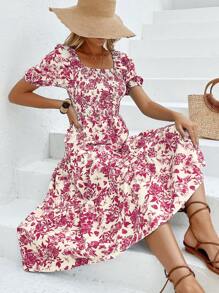 Breezaya 满版花卉印花泡泡袖荷叶边下摆连衣裙 超长度假海滩装 女款 - 紅色 - 查看 3