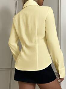 SHEIN EZwear Áo sơ mi dài tay ôm vừa vặn thêu họa tiết mới cho nữ màu trắng - Màu vàng - Xem 2