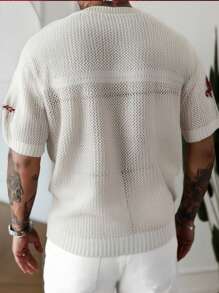 Manfinity Homme Men's Jersey Letter Print Contrast Color V-Neck Short Sleeve Hollow-Out Knitted Top,Football Style