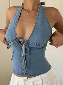 Siren Gaze Áo denim crop top cổ yếm dành cho nữ, màu xanh, thích hợp cho các bữa tiệc, ngày lễ, hẹn hò, ngày lễ tình nhân, trà chiều, kỳ nghỉ, lễ hội âm nhạc, phong cách Bohemian, mùa hè dành cho nữ/mùa hè/mùa hè/áo mùa hè dễ thương, lễ hội/lễ hội, nhạc Rave/buổi hòa nhạc dành cho nữ/buổi hòa nhạc đồng quê/rave/lễ hội rave/nashville/Ibiza - Màu xanh lam - Xem 3