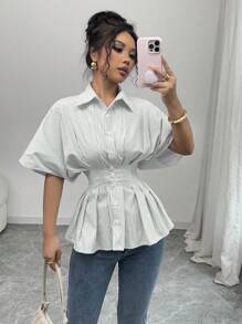Chiquease Striped Pleated Elegant Waist-Cinched French Design Polo Collar Short Sleeve Shirt For Women - Mint Green - View 1