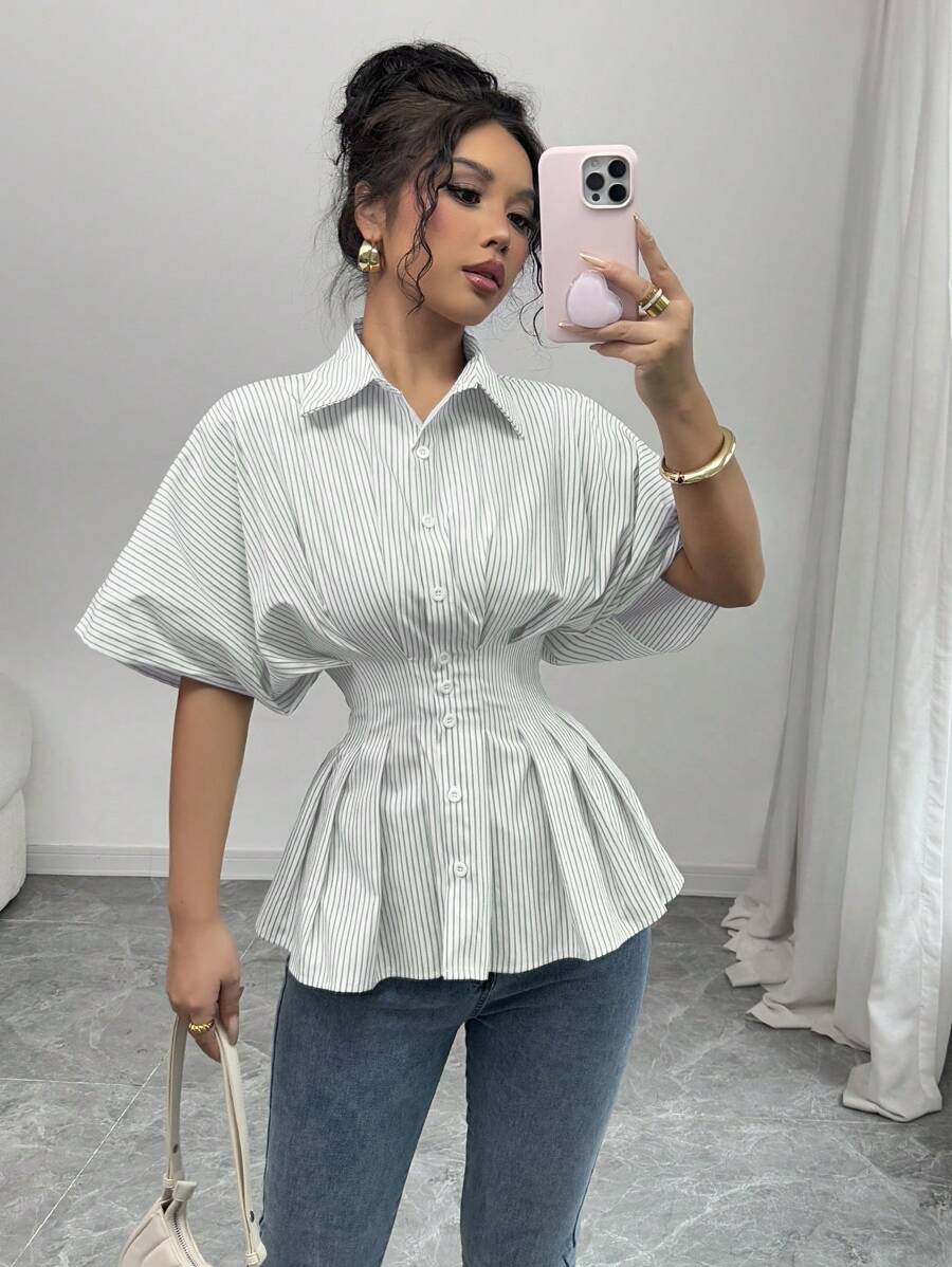 Chiquease Striped Pleated Elegant Waist-Cinched French Design Polo Collar Short Sleeve Shirt For Women - Mint Green - View 1