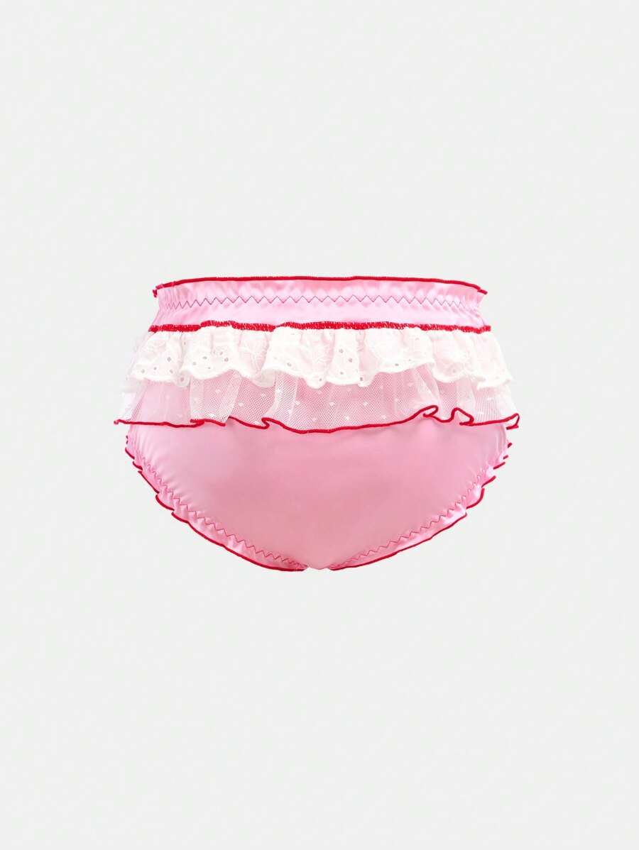 Romantic Pastoral Cute Satin Embroidered Ruffle Edge Contrast Color Bow Bloomer Underwear Set For Big Girls, Pink - Pink - View 1