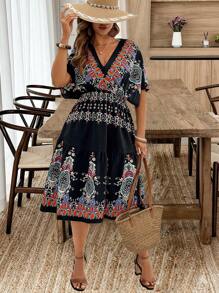 Franclia Plus Size Vrouwen V-hals Bedrukte Getailleerde Midi-jurk, Lente/Zomer