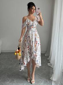Elenzga Summer Elegant Asymmetrical Ruffle Flower Print Dress - Multicolor - View 1