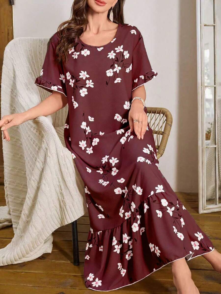 Serenescape Bubble Ruffled Edge Floral Print Long Nightgown Babydoll Luxeloungewear, Moo Moo - Maroon - View 1