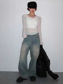 DAZY 女式白色透明蕾丝垂褶领长袖衬衫 - 白色 - 查看 4