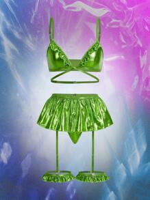 5pcs/Set Y2K Shiny Metallic Fabric Festival Halter Top & Mini Skirt Sexy Lingerie Set - Green - View 6