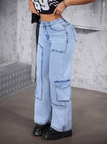 SHEIN ICON 女式休闲水洗卷边工装牛仔裤