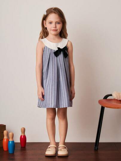 PrepCrw 年轻女孩学院风蝴蝶结装饰条纹 A 字形圆领无袖连衣裙，春夏