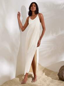 Opulessa 1pc Women's Solid Color Woven Backless Cami Maxi Dress Vacation Casual Spring - Apricot - View 6