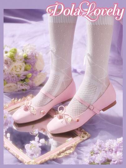 Dola Lovely Women's Silver Square Toe Bow Decor Mary Jane Flats, Fashion Flat Shoes