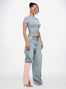 SUMWON WOMEN Video Vixen Baby Tee 短款上衣 修身 Y2K 美学修身短袖街头服饰夏季节日都市时尚宣言 T 恤 - 霧霾藍 - 查看 8