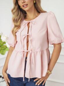 KURAYIA Camicia allentata con maniche a palloncino e legatura davanti, casual, per donna, camicetta estiva oversize per donna