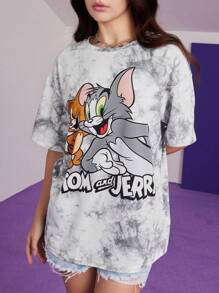 TOM & JERRY X SHEIN Women's Casual Tie Dye Cartoon Print Loose Drop Shoulder T-Shirt, Summer,Gray Tie-Dye T-Shirt, Cartoon Pattern Print, Versatile, Casual
