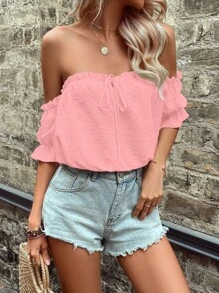 Breezaya Chemise casual à manches courtes avec épaules dénudées, volants et nœud, de couleur unie