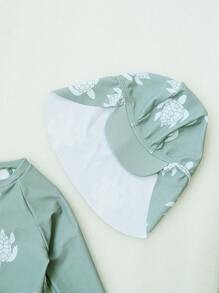 3pcs/Set Baby Boy Ocean Turtle Print Long Sleeve Zipper Two Pieces Swimwear Set With Sun Hat - Army Green - View 7