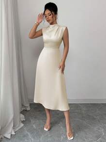 Elenzga Romantic Elegant Pleated A-Line Midi Dress - Apricot - View 5