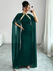 Elenzga 拼色装饰立领优雅蝙蝠袖美人鱼下摆时尚连衣裙，适合派对和宴会，女士长款女装 - 墨綠色 - 查看 4